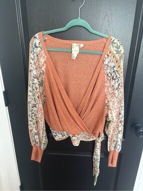 Women's Rust Wrap Blouse with Floral Sleeves